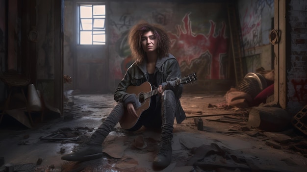 A woman sits on the floor in a ruined building with graffiti on the walls.