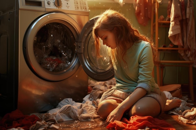 A woman sits on the floor next to a washing machine engaged in laundry activities moment in the game when played washer AI Generated