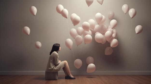 A woman sits on a floor with a bunch of balloons in the air.