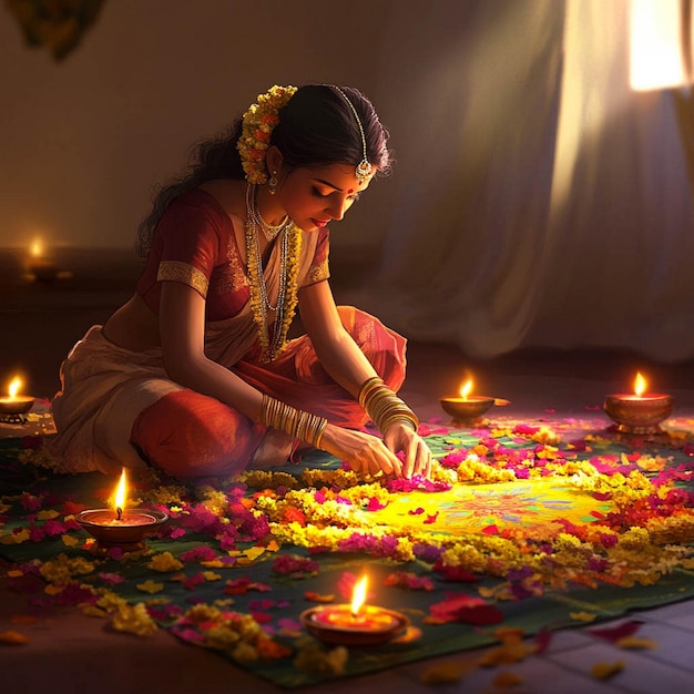 a woman sits on a floor with a candle in her hand