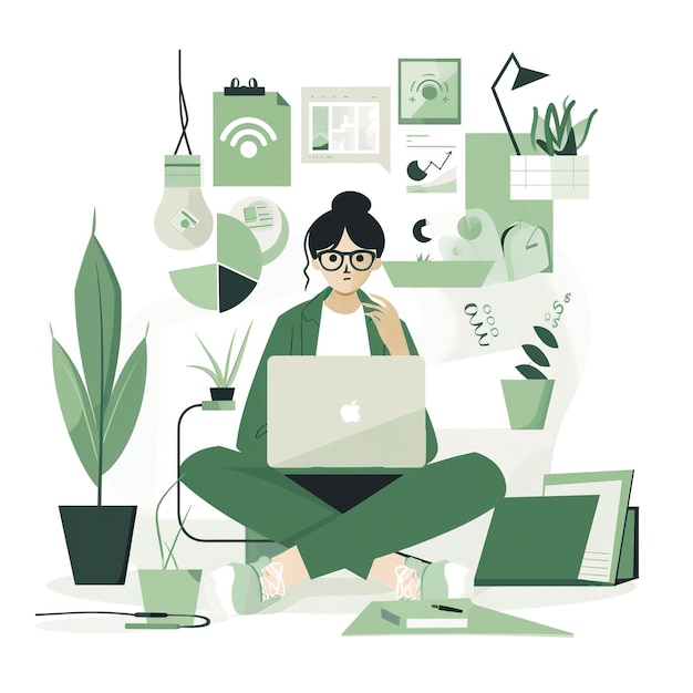 Photo a woman sits on a floor with a laptop and a plant in the background