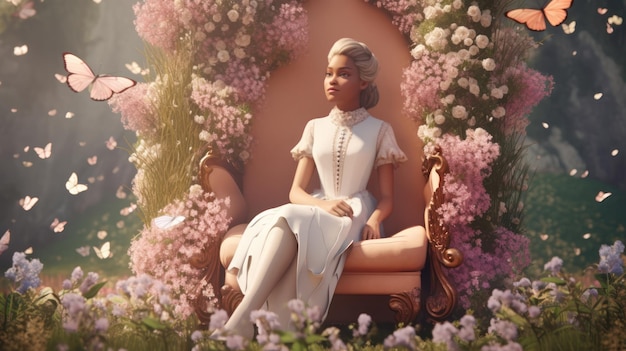 A woman sits in a flower garden in the sun