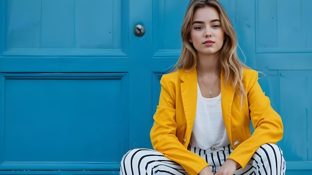 Photo a woman sits in front of a blue door with a blue door behind her