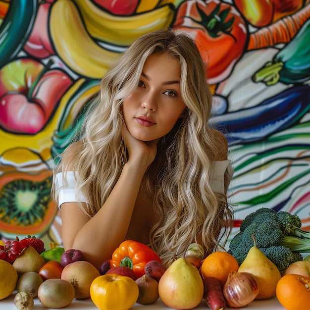 a woman sits in front of a colorful painting with a bunch of vegetables