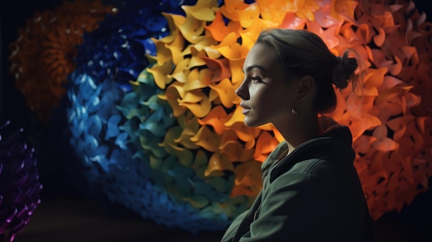 A woman sits in front of a colorful paper art installation.