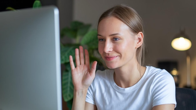 a woman sits in front of a computer and looks at the screen