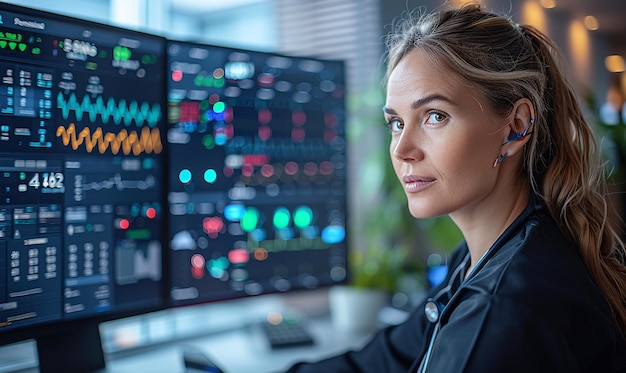 a woman sits in front of a computer with a large screen with the word graph on it