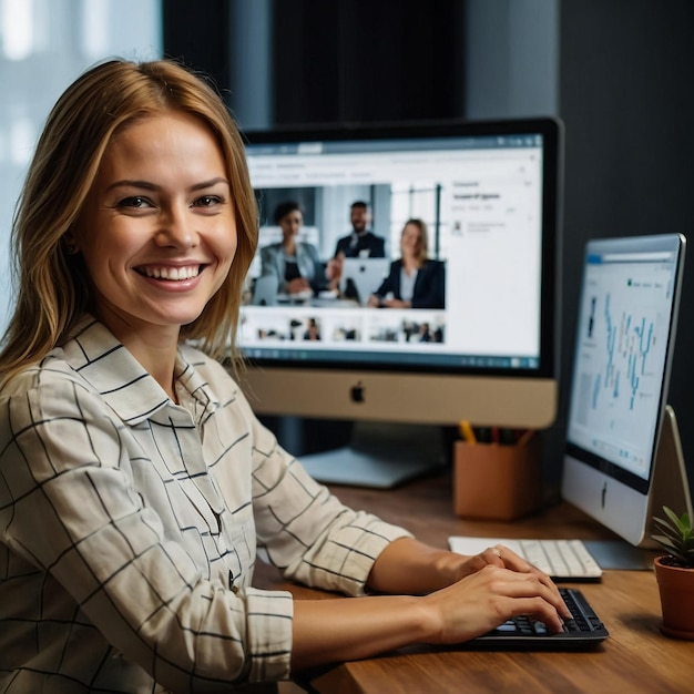 Photo a woman sits in front of a computer with a picture of a woman on the screen