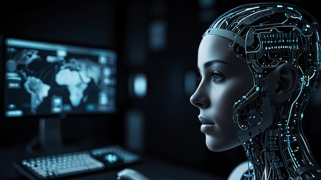 a woman sits in front of a computer with the words quot the word quot on the screen