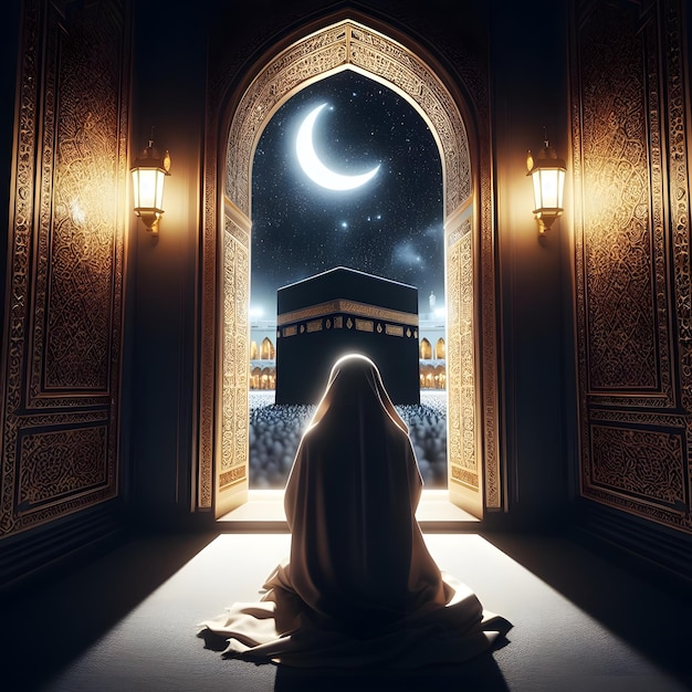 a woman sits in front of a door with a crescent moon in the background and Kaaba