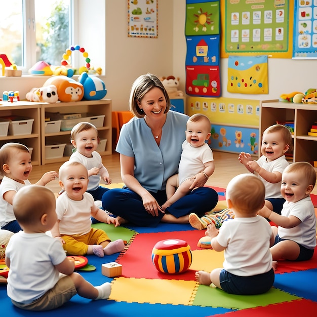 Photo a woman sits in front of a group of babies