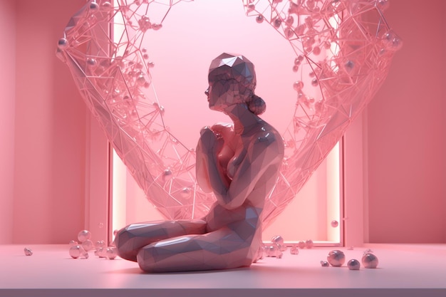 A woman sits in front of a heart shaped sculpture