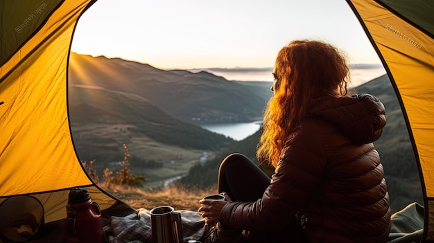 Photo a woman sits in front of a lake and looks at the sunset