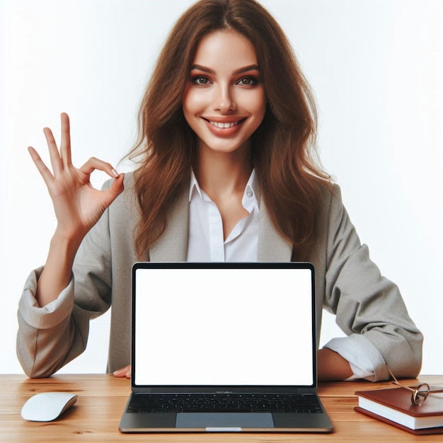 a woman sits in front of a laptop and shows a hand gesture