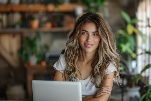 a woman sits in front of a laptop with a green plant behind her