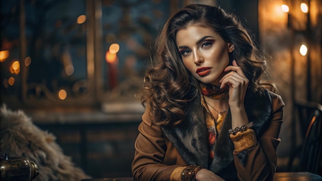 a woman sits in front of a mirror and looks at the camera