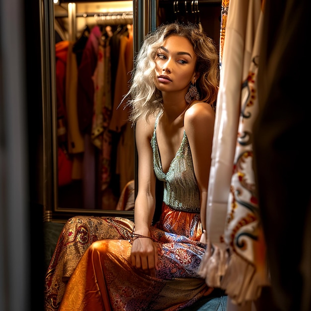 Photo a woman sits in front of a mirror with the word  on it