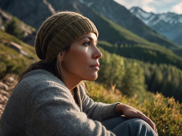 Photo a woman sits in front of a mountain with mountains in the background