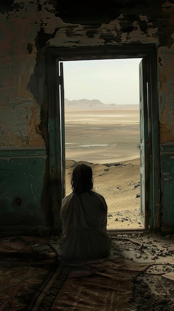 Photo a woman sits in front of an open door with the desert in the background