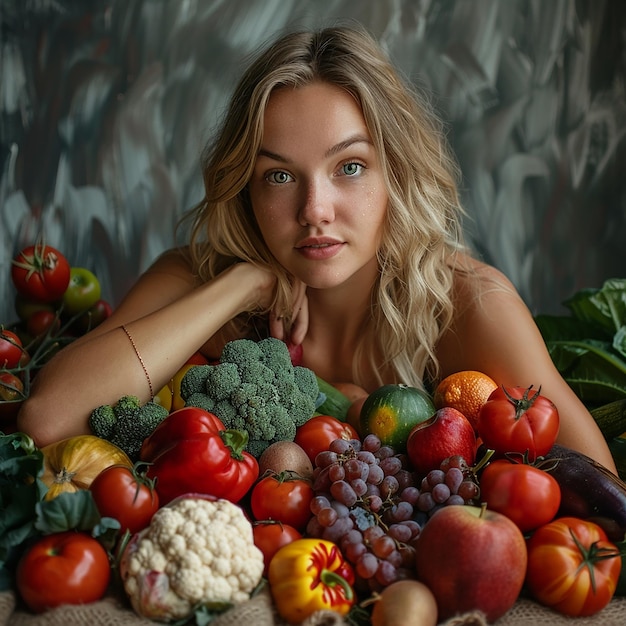 a woman sits in front of a pile of fruits and vegetables