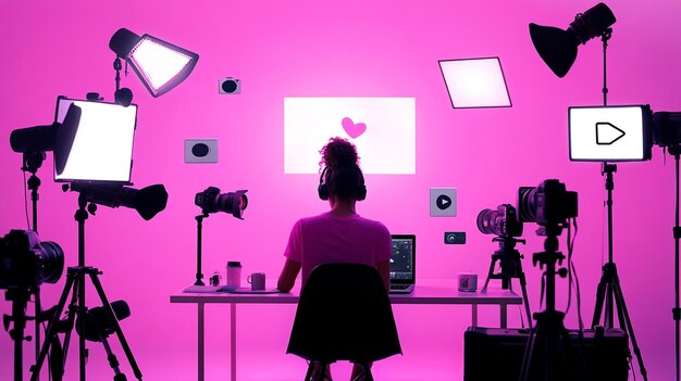 Photo a woman sits in front of a pink wall with a pink background with a heart on it