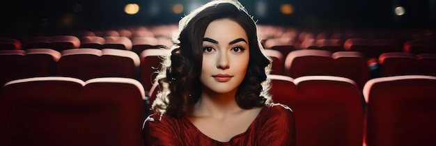 Woman sits on the front row in a cinema in an empty hall The girl is watching a movie alone