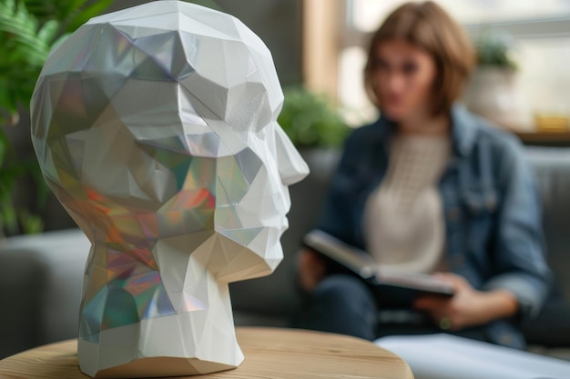 Photo a woman sits in front of a sculpture that has a face on it