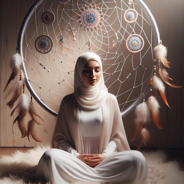 a woman sits in front of a spider web