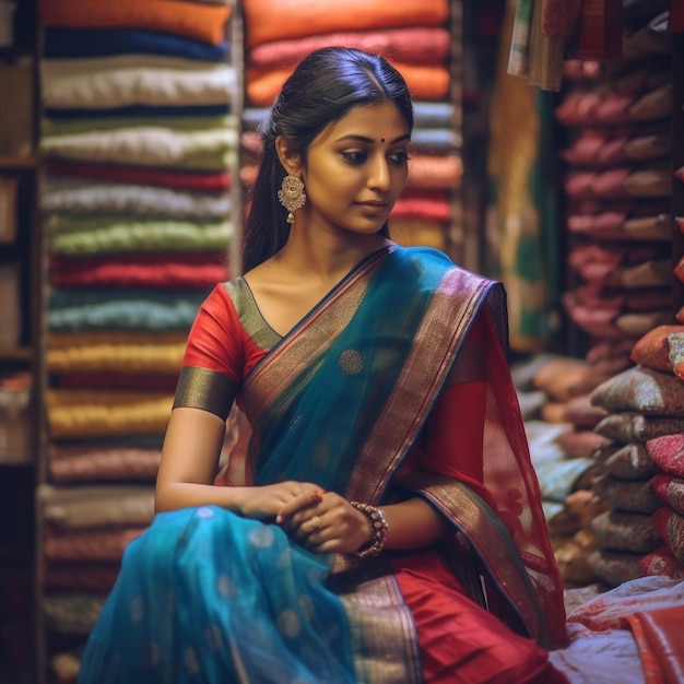 Photo a woman sits in front of stacks of cloths.