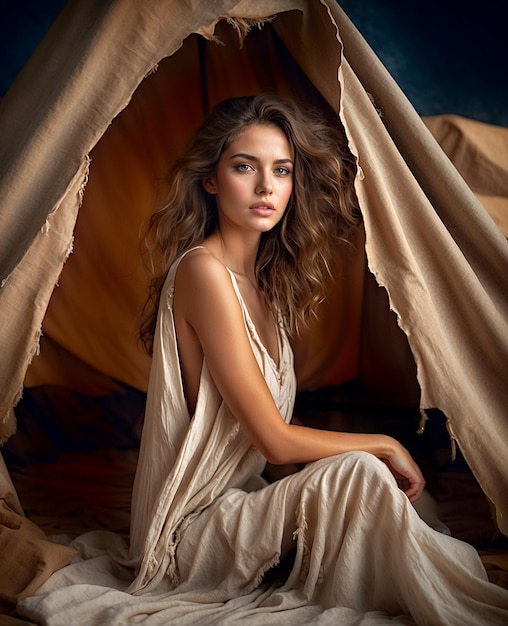 Woman sits in front of a tent with a curtain that says natural