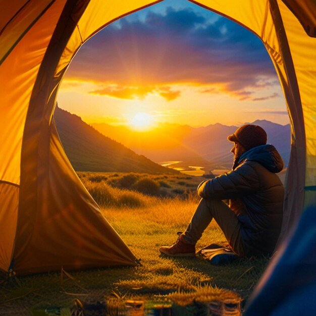 a woman sits in front of a tent with the sun setting behind her