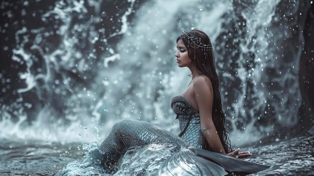 Photo a woman sits in front of a waterfall with water splashing behind her