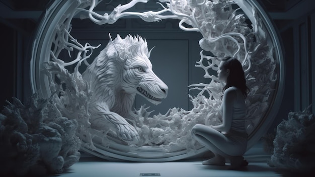 A woman sits in front of a white wolf.