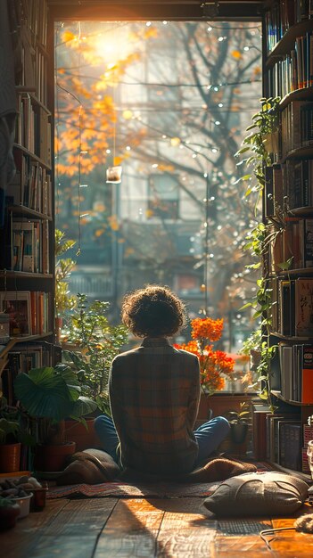 Photo a woman sits in front of a window with a book shelf full of books