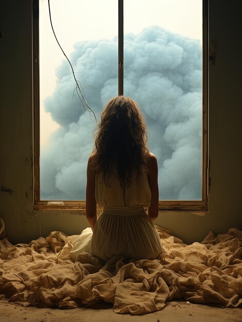 Photo a woman sits in front of a window with the clouds behind her