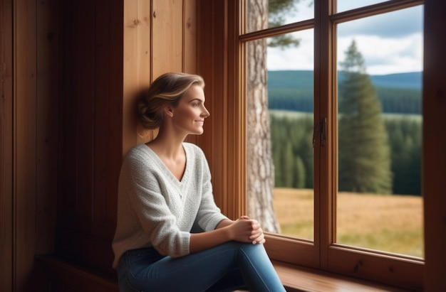 Photo a woman sits in front of a window with a mountain view