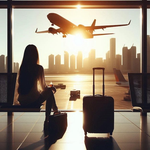 a woman sits in front of a window with a plane in the background