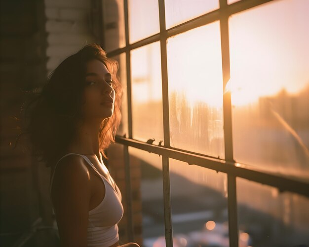 Photo a woman sits in front of a window with the sun setting behind her