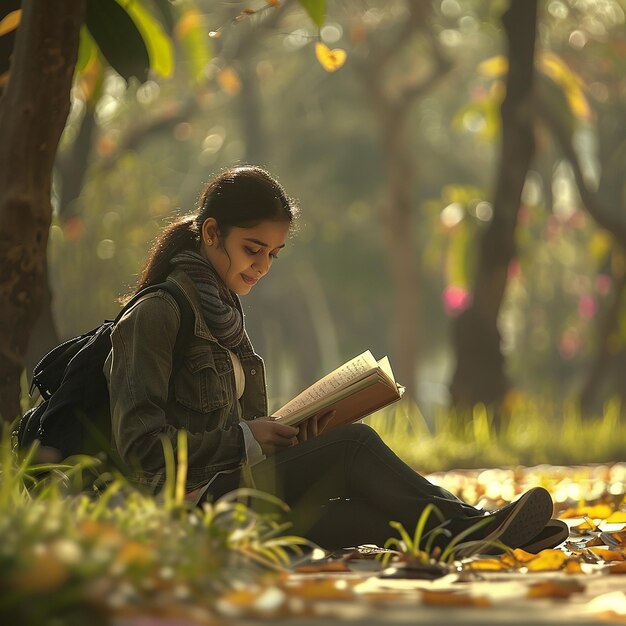 a woman sits in a garden reading a book