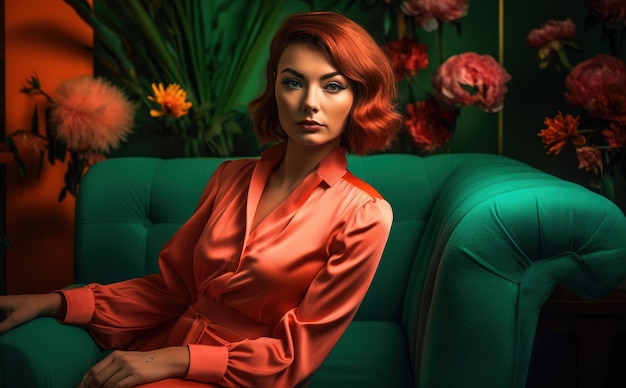 A woman sits on a green couch in front of a green wall with flowers.