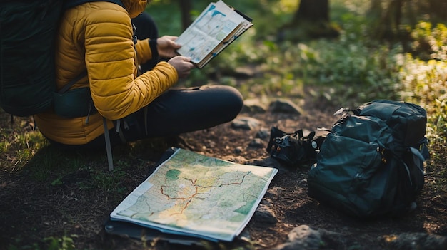 Photo a woman sits on the ground with a map and a map