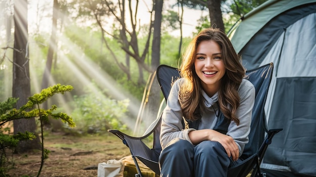 Photo a woman sits in a hammock in the woods