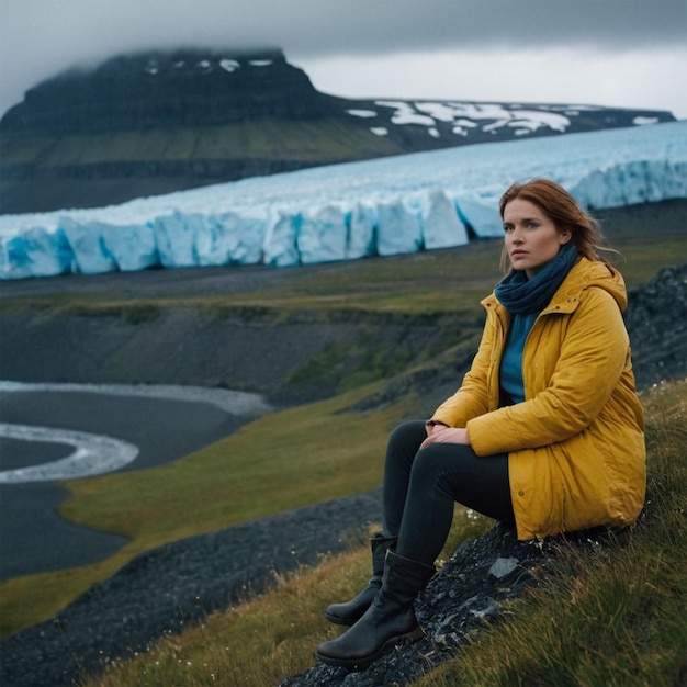 a woman sits on a hill with icebergs in the background