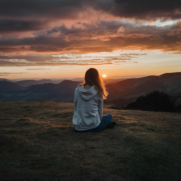 a woman sits on a hill with the sun setting behind her