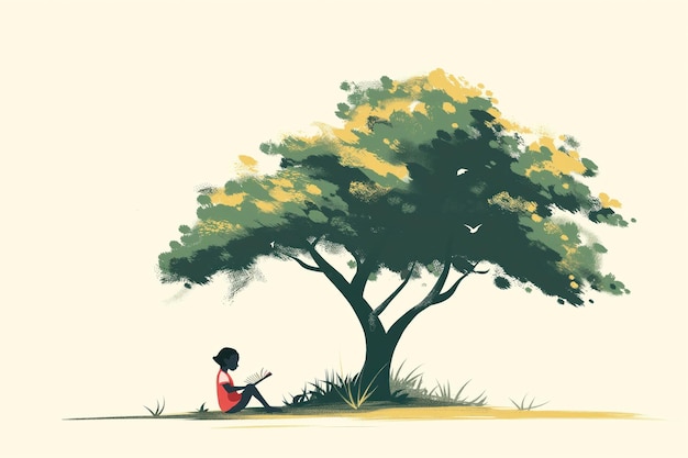 Woman sits under large oak reads book in peaceful rural outdoor Illustrator draws solitude