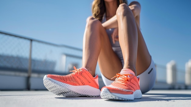 Photo a woman sits on a ledge with her shoes on