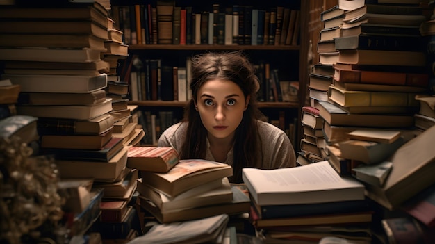 A woman sits in a library with many books on the table.