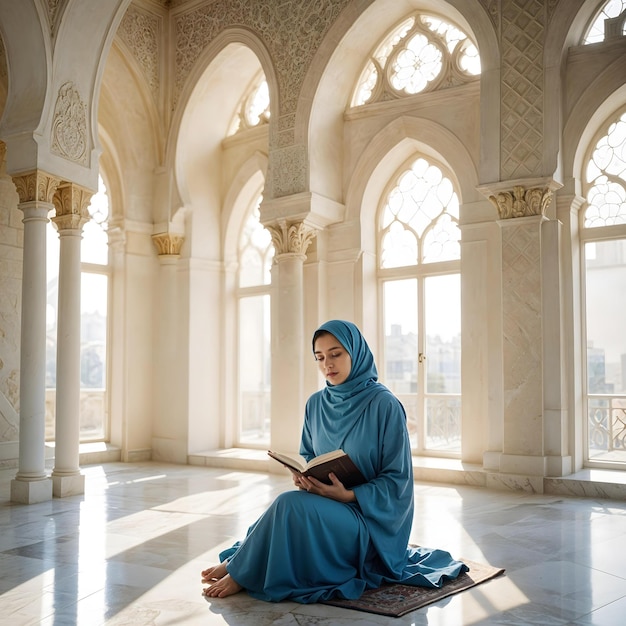 Photo a woman sits on a mat in a mosque