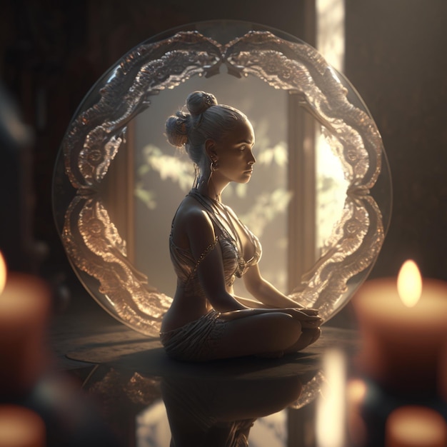 A woman sits meditating in front of a glass bowl with candles on it