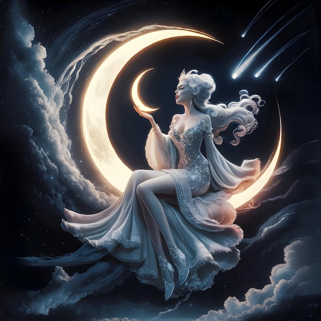 a woman sits on a moon with the moon behind her